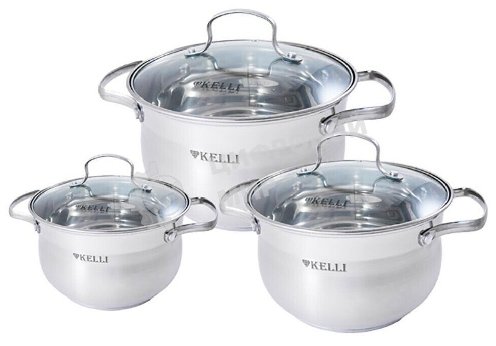 Набор посуды Kelli KL-4209 6 пред. Кастрюля с жаропрочной стекл. крышкой 2.1 л. Кастрюля с жаропрочной стекл. крышкой 3 л. Кастрюля с жаропрочной стекл. крышкой 4 л. Высококачественная нерж. сталь 18/10. 5-ти слойное капсульное дно.