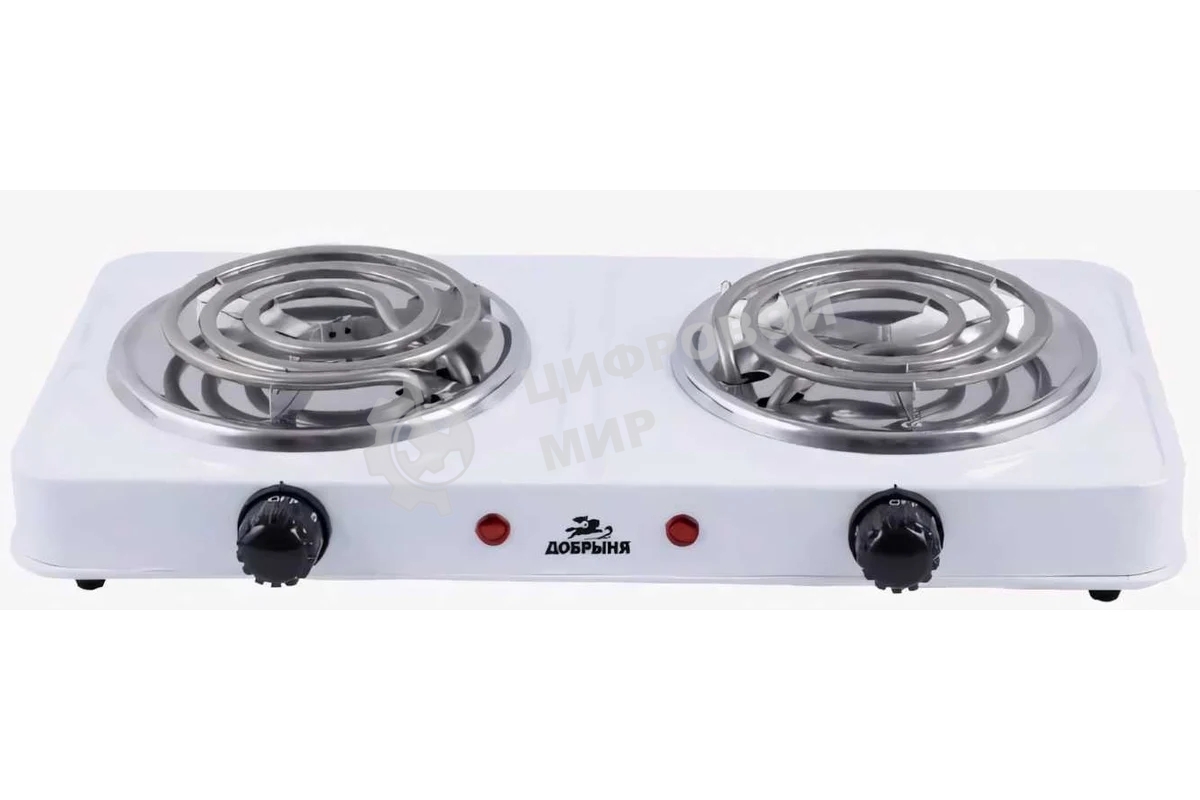 Плитка эл.(2 конф) Добрыня DO-2207W белая (2000Вт) спираль x6, 2000 ВтНапряжение 220 В, 50 Гц5 режимов нагреваДиаметр конфорки: 15 смЗащита от перегреваСветовой индикатор работыРезиновые ножки