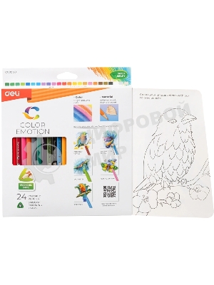 Карандаши цветные Deli EC00220 Color Emotion, трехгранный профиль, липа, 24 цвета, коробка с европодвесом (24шт)