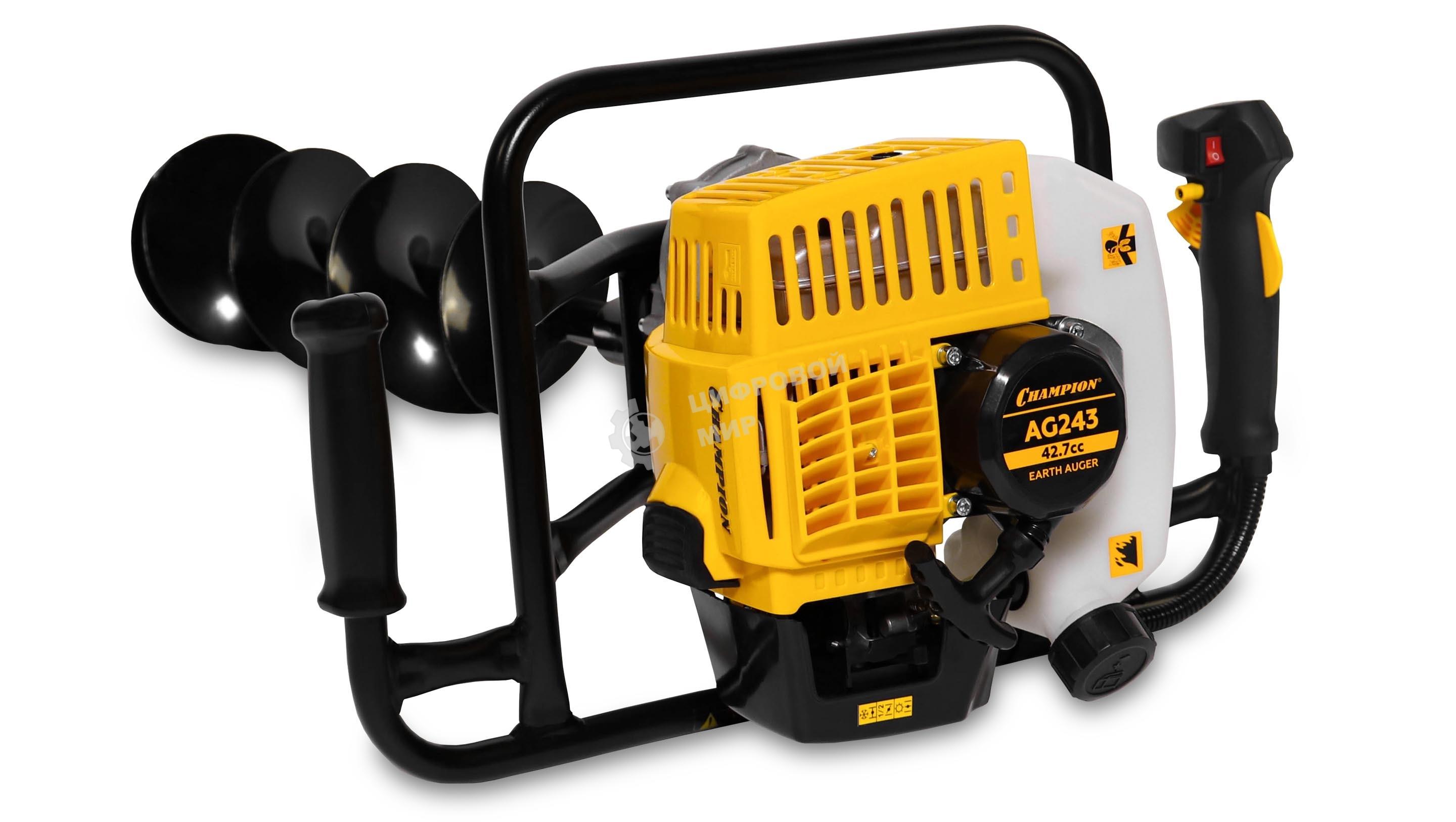 Мотобур Champion AG243(1,25/1,7 кВт/л.с., объем двиг 42,7 см3, вес 9,2кг, бак 0,98л, передаточное число 40: 1, макс об/двиг 8800,1.Двигатель в сборе 2.Бур почвенный 150мм,3.Перчатки 4.Емкость для приготовления топливной смеси 5.Очки 6.Ремонтный набор 7.Набор ключей 8.Руководств)