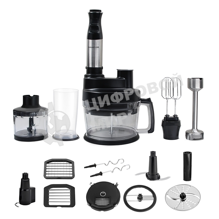 Многофункциональный погружной блендер GALAXY LINE GL 2168, черный, 2000 Вт, DC- мотор, защита от перегрева, насадка-блендер из нержавеющей стали AISI304 с четырехлопастным ножом, редуктор миксера (насадка-венчики, насадка для замешивания теста из AISI304), 0,4л насадка-измельчитель с ножом, 2 л насадка-измельчитель (нож, крюк для замешивания теста, насадка для нарезки кубиками, насадка для нарезки картофеля фри, двусторонний диск для крупной нарезки и шинковки), мерный стакан с крышкой, толкатель, книга рецептов, шнур 150 см.