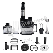 Многофункциональный погружной блендер GALAXY LINE GL 2168, черный, 2000 Вт, DC- мотор, защита от перегрева, насадка-блендер из нержавеющей стали AISI304 с четырехлопастным ножом, редуктор миксера (насадка-венчики, насадка для замешивания теста из AISI304), 0,4л насадка-измельчитель с ножом, 2 л насадка-измельчитель (нож, крюк для замешивания теста, насадка для нарезки кубиками, насадка для нарезки картофеля фри, двусторонний диск для крупной нарезки и шинковки), мерный стакан с крышкой, толкатель, книга рецептов, шнур 150 см.
