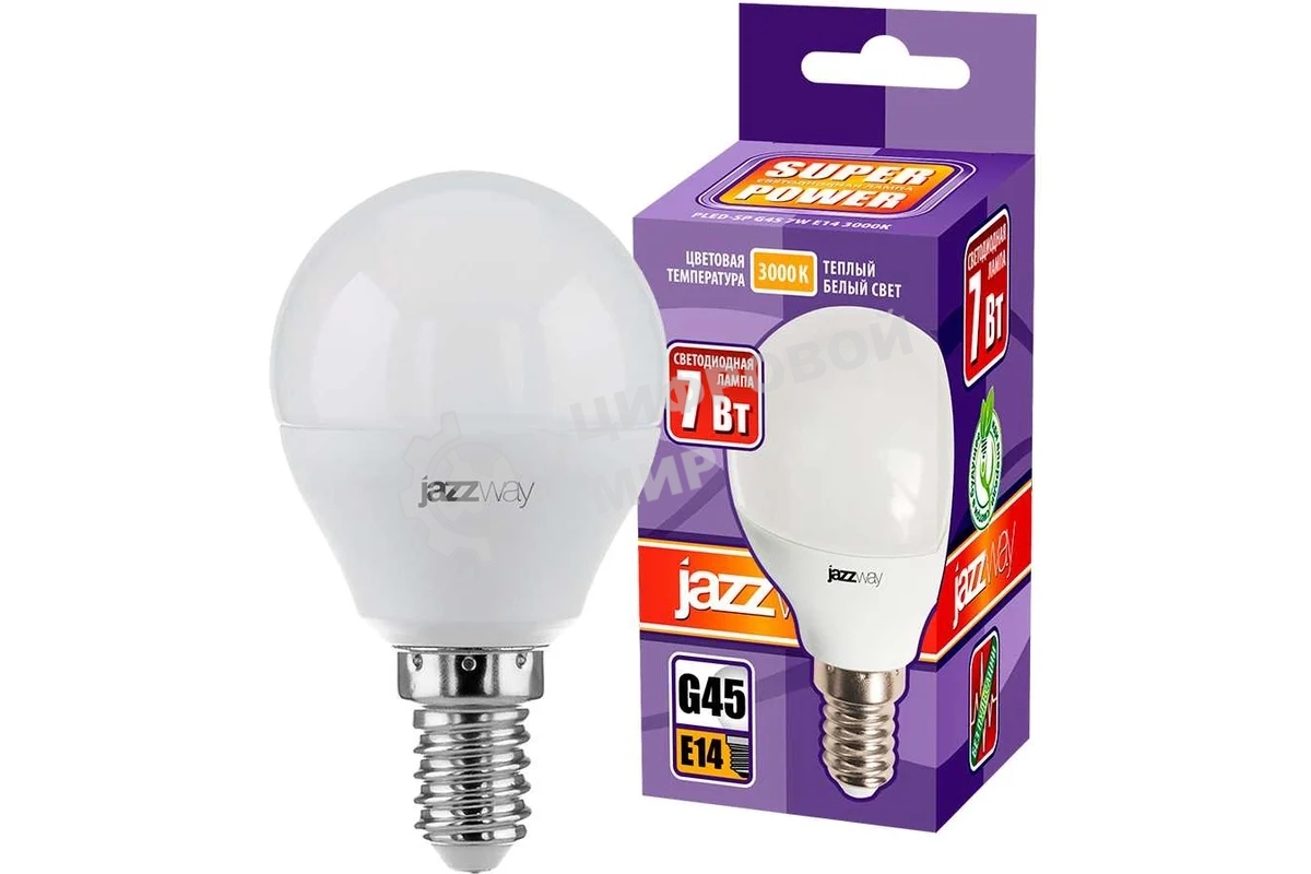 Лампа светодиодная JazzWay PLED-SP-G45 7Вт шар 3000К теплый белый E14 540лм 230В