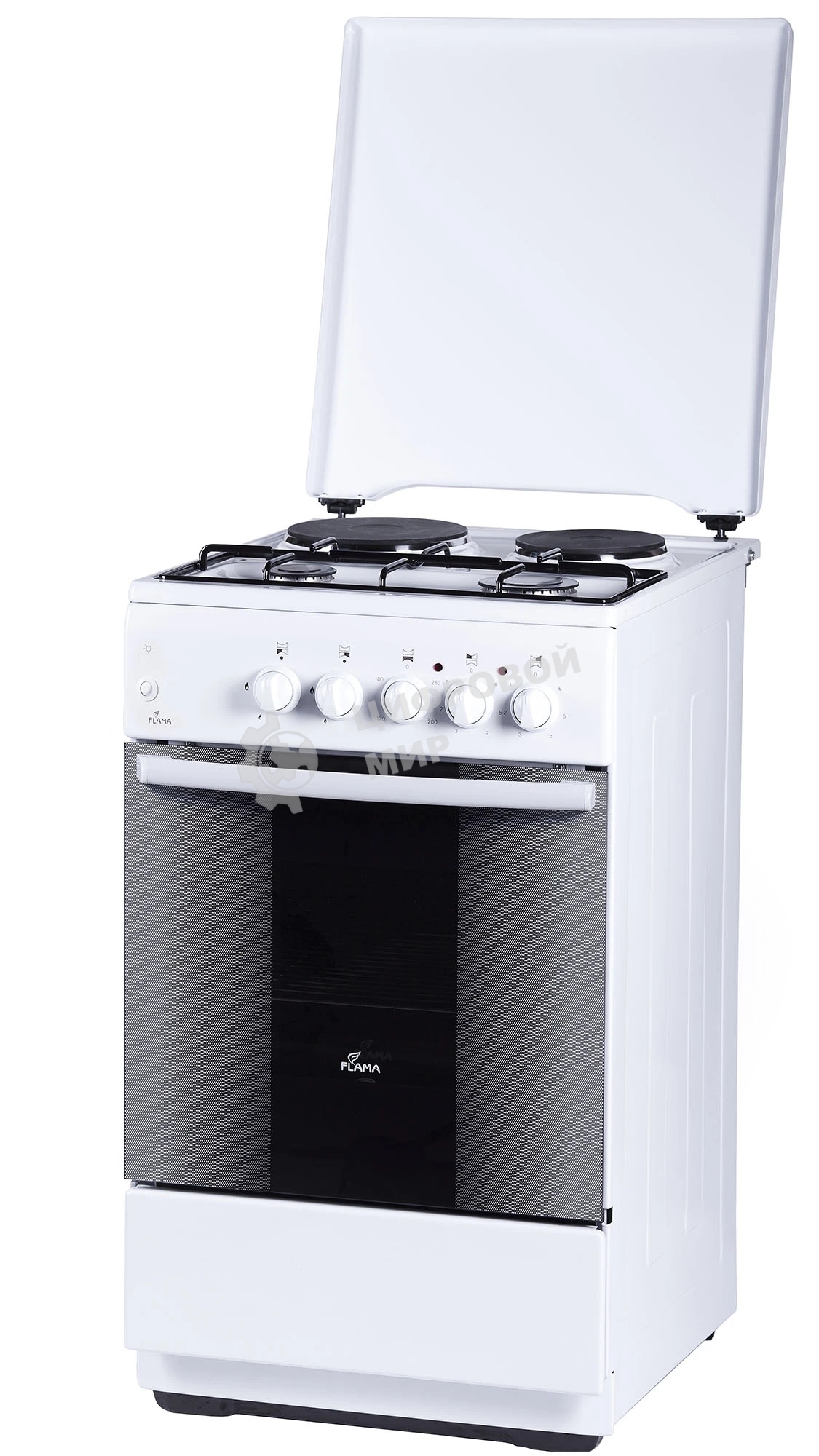 Плита комбинированная Flama RK 2211 белый, конфорок 4 шт, духовка 50 л, 50 см x 85 см x 60 см