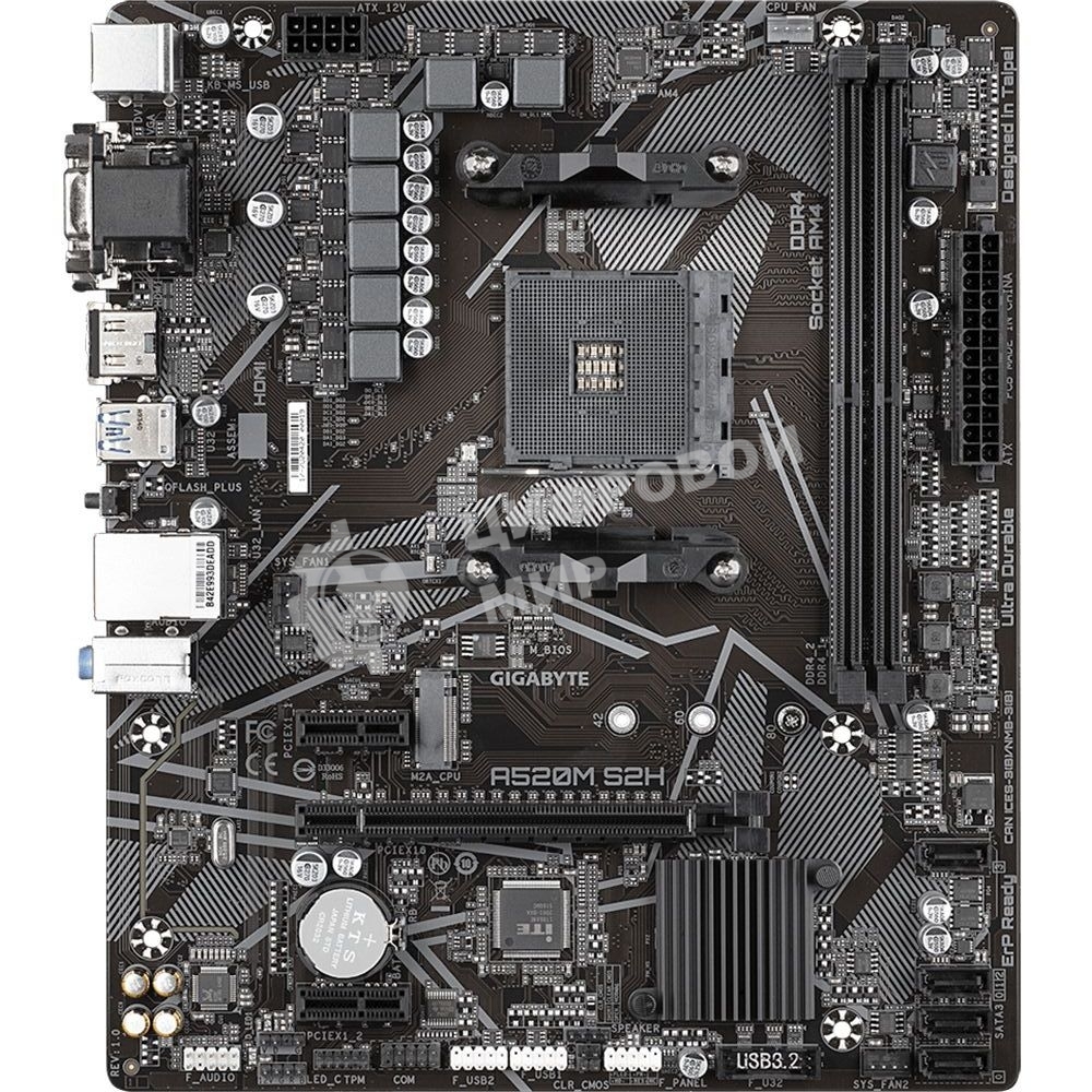 Материнская плата Gigabyte A520M S2H, AM4, AMD A520, 2xDDR4, 4xSATA, 1xM.2, 1xPCIe 3.0 x16, 2xPCIe x1, 1xHDMI, 1xDVI-D, 1xVGA, 1x 1Gb LAN, 4xUSB-A 3.2 Gen 1, 2xUSB-A 2.0, 3x3.5 мм, 7.1, mATX