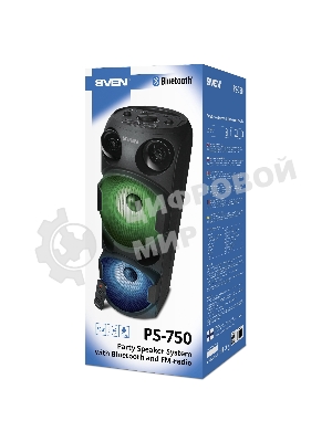 Колонка АС SVEN PS-750, черный (80 Вт, TWS, Bluetooth, FM, USB, microSD, LED-дисплей, 2х4400мА*ч)