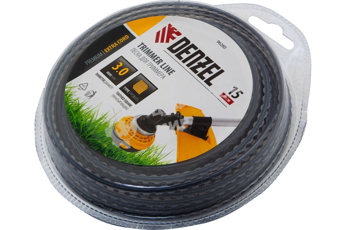 Леска для триммера Denzel двухкомпонентная зубчатый квадрат, 3,0мм х 15м, блистер EXTRA CORD