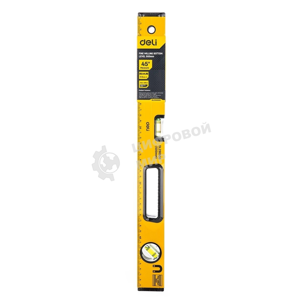 Строительный уровень Deli DL290500 500мм Алюминиевый сплав. Мягкая резина на обоих концах. Магнит для удобства эксплуатации. Измерение под углом 45°.