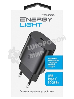 Сетевое зарядное устройство Qumo Energy light PD 25Вт, (модель 0102), порт: USB Type-C, черный