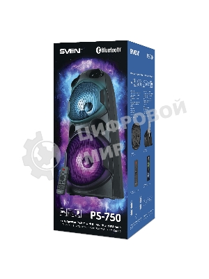 Колонка АС SVEN PS-750, черный (80 Вт, TWS, Bluetooth, FM, USB, microSD, LED-дисплей, 2х4400мА*ч)
