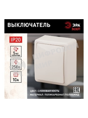 Выключатель 1-кл. ОП Эра Эксперт 10А, IP20, 11-1201-02, 250 В, 10AX, сл. кость, Эра Б0020655
