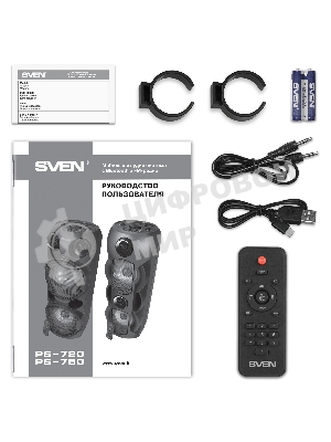 Колонка АС SVEN PS-750, черный (80 Вт, TWS, Bluetooth, FM, USB, microSD, LED-дисплей, 2х4400мА*ч)