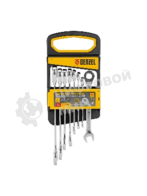 Набор ключей комбинированных трещоточных Denzel 6-19 мм, 8 шт., CrV, матовый хром