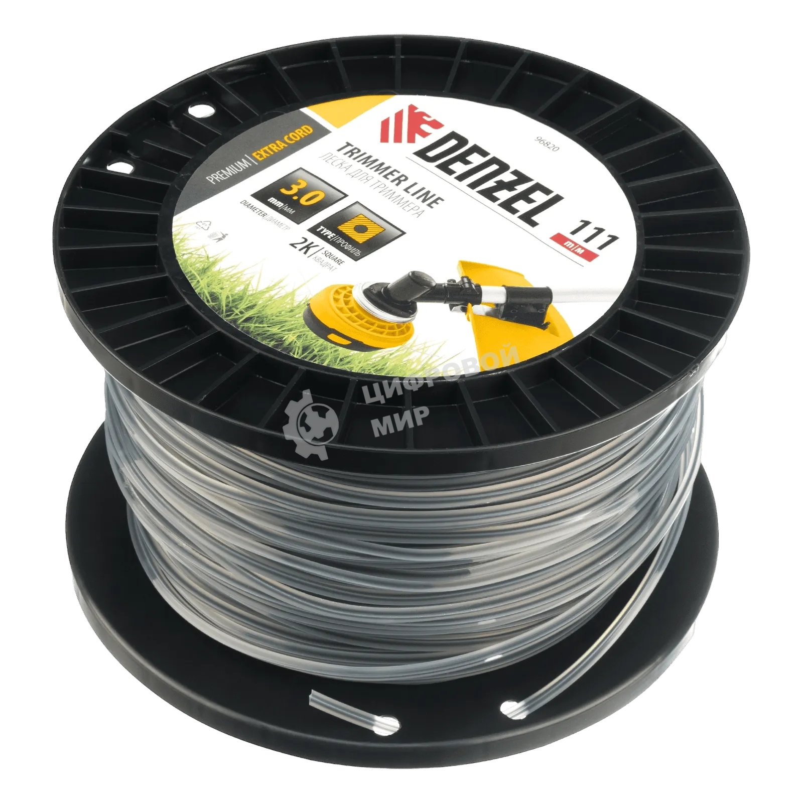 Леска для триммера Denzel двухкомпонентная квадрат, 3,0мм х 111м, на DIN катушке EXTRA CORD