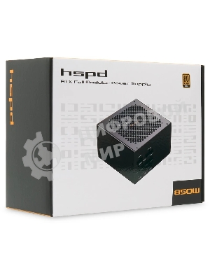 Блок питания Power Supply HSPD, 850W 80 PLUS Gold (ATX, 2.52, Full modular, 1x24(20+4)pin 600мм, 2xCPU 8(4+4)pin 700мм, 2xPCIe*2 8(6+2)pin 600+150мм, 2xSATA*3 500+150+150мм, 1xMOLEX*3 500+150+150мм, Active, 120x120мм, 150x140x86мм, APFC, OVP, OPP, SCP, UVP, OCP, OTP, NLO, SIP, black)