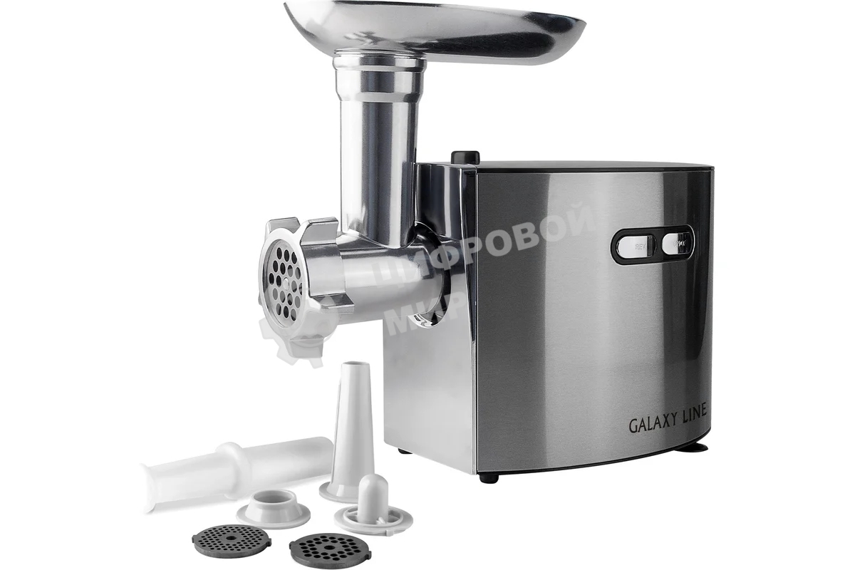Мясорубка электрическая Galaxy Line GL 2400 серый, 1200 Вт, 1.3 кг/мин, реверс, защита от перегрузки, металлический лоток, насадки - 5