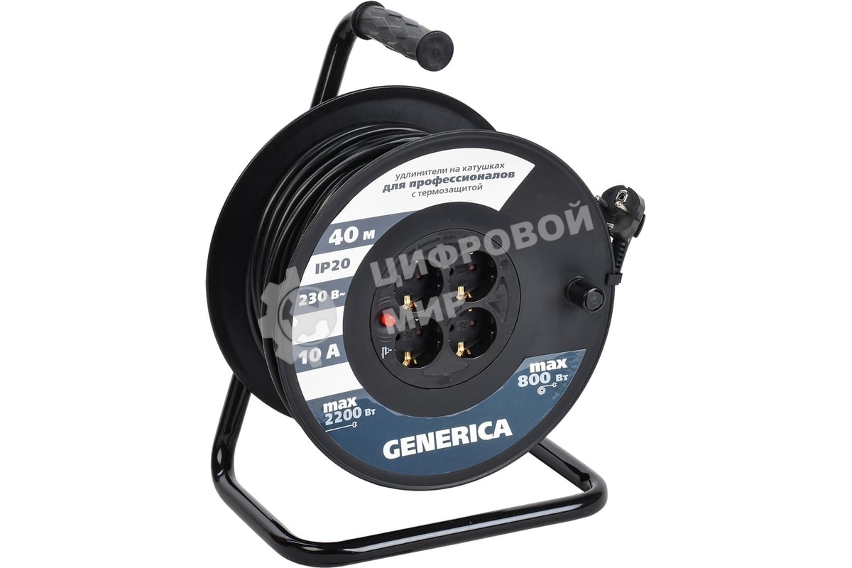 Удлинитель на катушке 4х40 м 2P+PE 10А УК40 с термозащ. 3х1.0 кв.мм GENERICA IEK WKP10-10-04-40-G