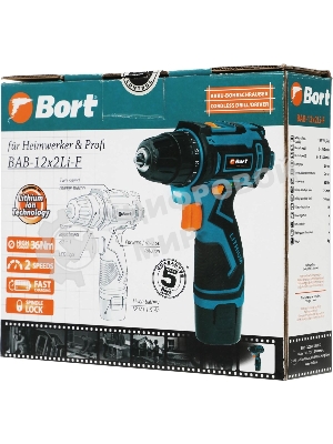 Дрель-шуруповерт Bort BAB-12x2Li-F, 12 В, 1,5 Ач, 36 Нм, щеточный