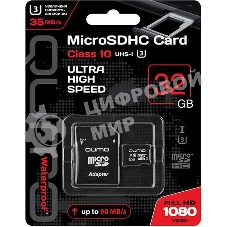 Флеш карта QUMO MicroSDHC 32Gb Сlass 10 UHS-I U3,3.0, адаптер в комплекте SD, черно-красная картонная упаковка (QM32GMICSDHC10U3)