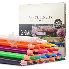 Карандаши цветные Deli 6565, акварельные, круглый профиль, липа, цветной корпус 24 цвета, металлическая коробка