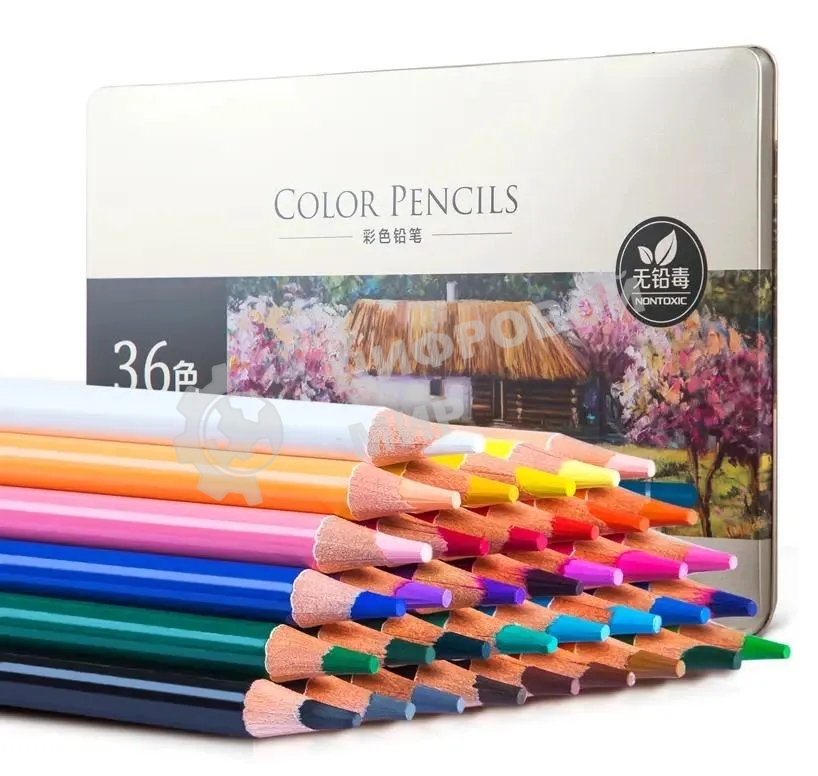 Карандаши цветные Deli 6566, липа, 36 цветов, коробка металлическая