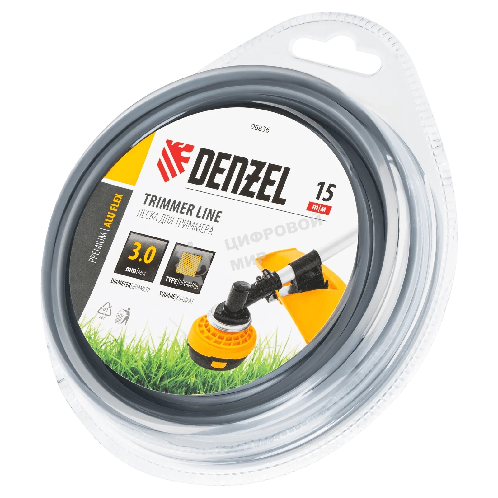 Леска для триммера Denzel армированная алюминием квадратная, 3,0мм х 15м, блистер ALUFLEX