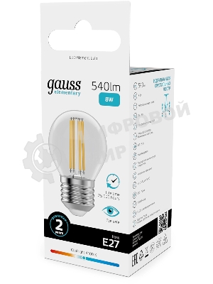 Лампа светодиодная филаментная Gauss Filament 8Вт цок.: E27 шар св. свеч. бел. нейт. (упак.: 10 шт)