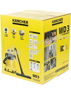 Строительный пылесос Karcher WD 3 P V-17/4/20 желтый, 1000 Вт, уборка сухая/сбор воды, пылесборник мешок/контейнер, 17 л