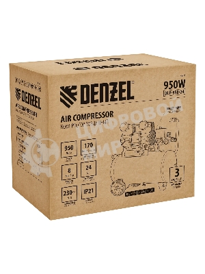 Компрессор безмасл. малошумный Denzel DLP-950/24, 950 Вт, 24 л, 2850 об/мин, 170 л/мин