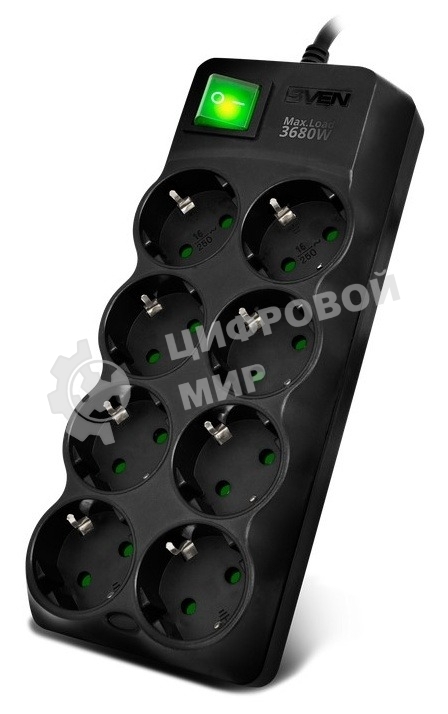 Сетевой фильтр SVEN SF-08E-16 (3 м 8 розеток с защитными шторками,16А) черный, цветная коробка