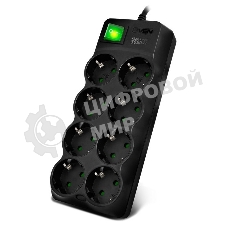 Сетевой фильтр SVEN SF-08E-16 (3 м 8 розеток с защитными шторками,16А) черный, цветная коробка