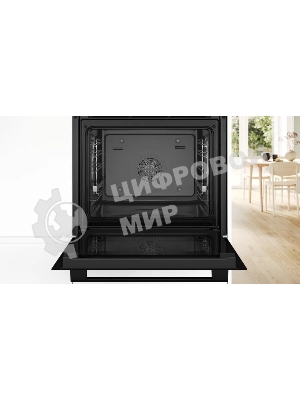 Встраиваемый духовой шкаф Bosch HRG232EB3 Serie 4 с добавлением пара Bosch, Auto Pilot 15, объем 71 л, 8 режимов нагрева, 3D Hotair, Soft move door,телескопические направляющие 1уровень,гидролиз+каталитическая очистка задней стенки,сенсорное управление,черный+профиль из нержавеющей стали