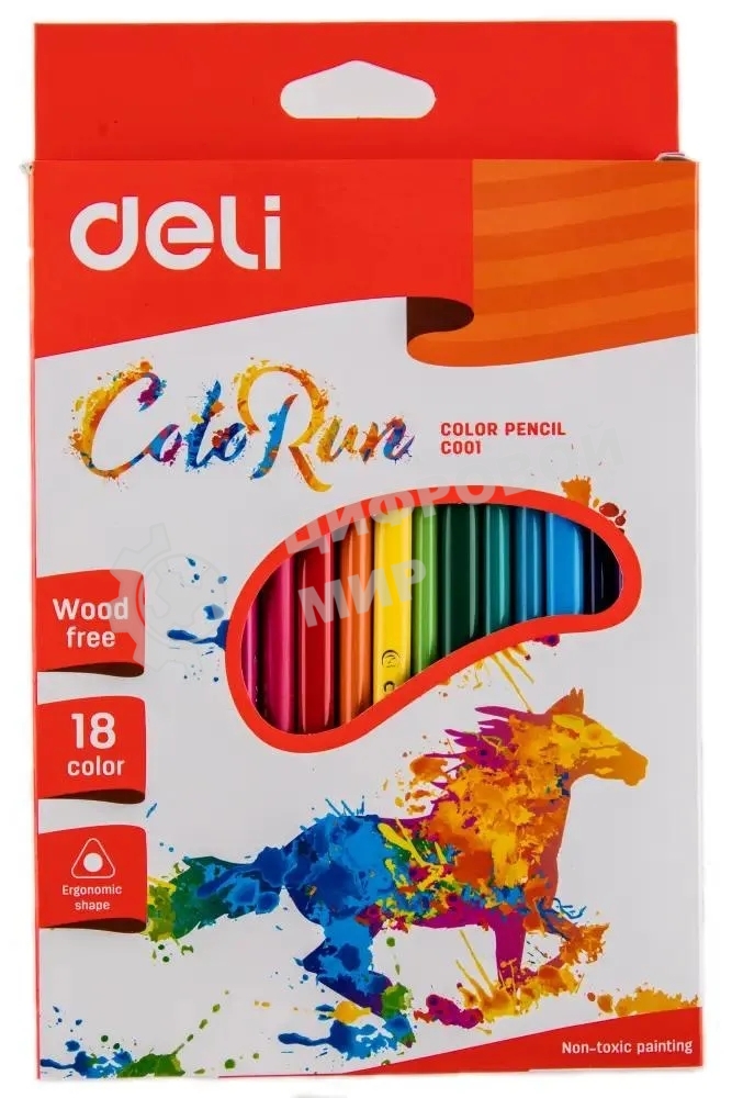 Карандаши цветные Deli ColoRun EC00110 трехгранные пластик 18 цветов, коробка с европодвесом