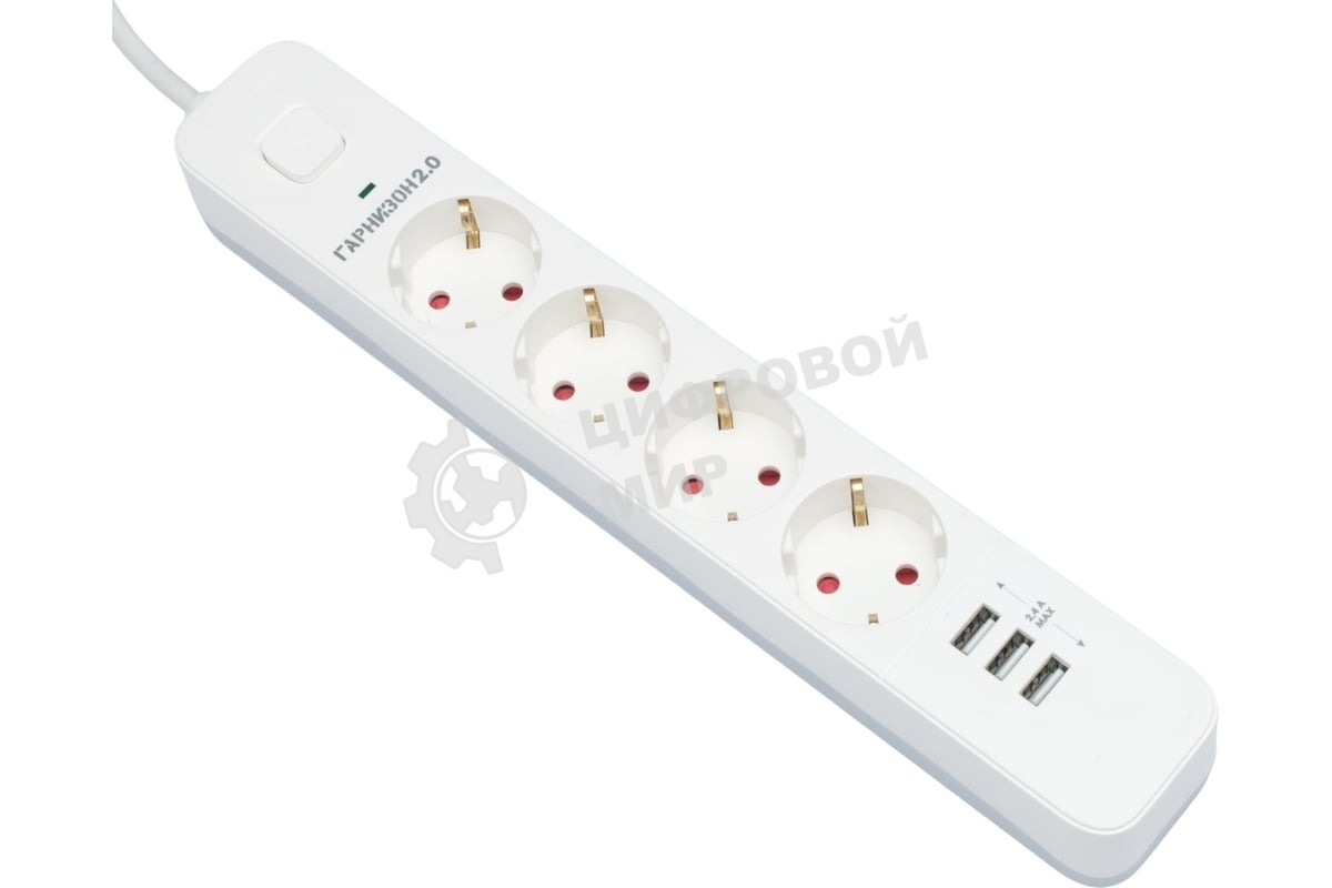 Сетевой фильтр Гарнизон 2.0 Мультипорт EPS-4-U3-W-2, 4 р, 10А, 3xUSB, 2 м, ур.защиты 2+, белый, пакет