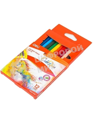 Карандаши цветные Deli EC00400 ColoRun, трехгранный профиль, тополь, 12 цветов, коробка с европодвесом