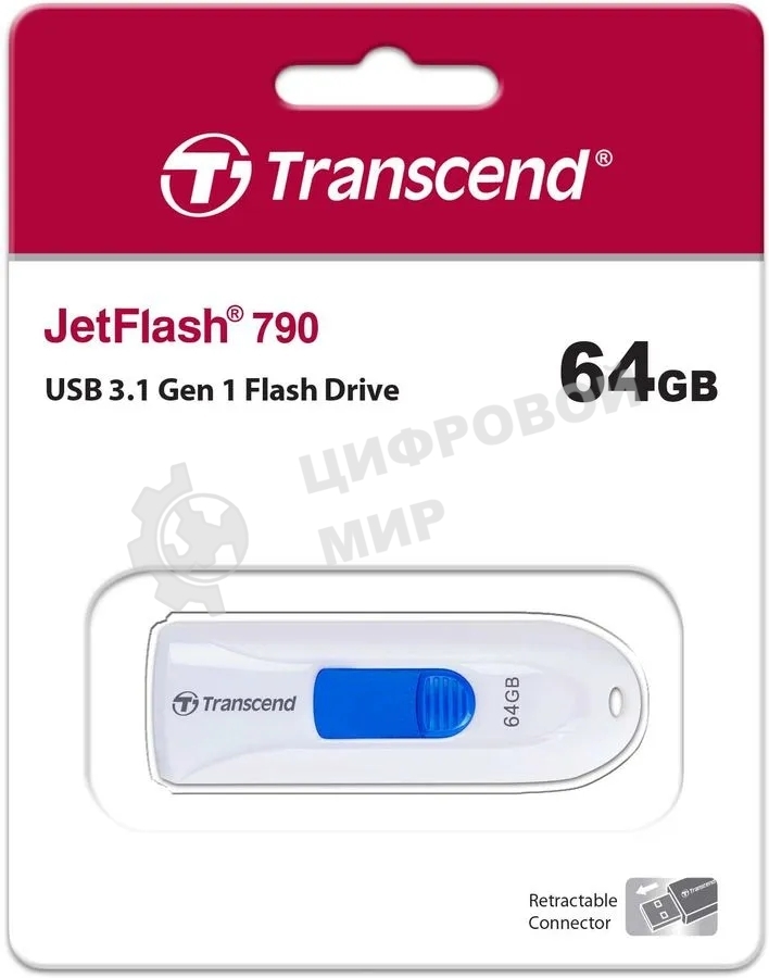 Флешка USB Transcend JetFlash 790 (TS64GJF790W), 64Gb, USB 3.0, R/W 70/25, белый/синий