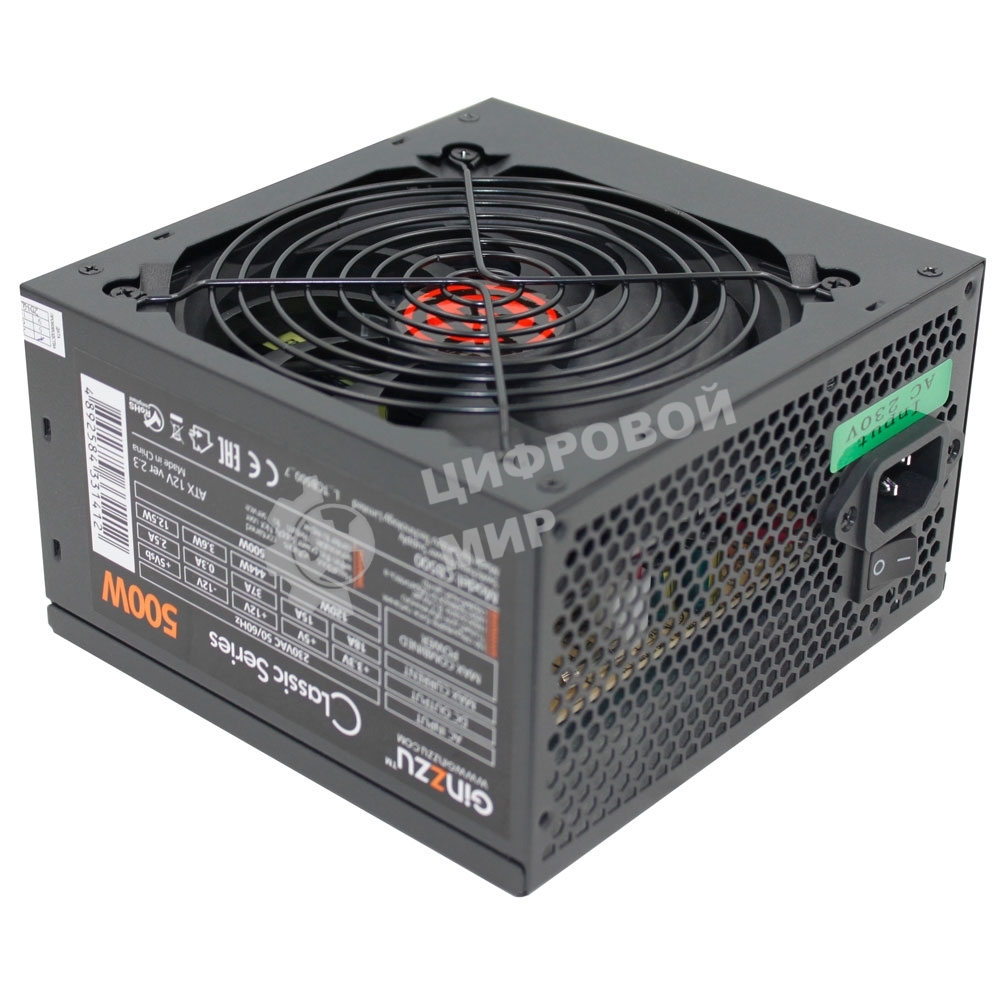 Блок питания Ginzzu CB500 12CM черный,24+4p,PCI-E, 4*SATA, 3*IDE,оплетка MB, кабель питания