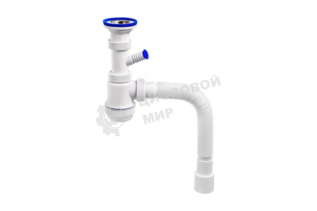 Сифон МИНИ ЭЛИТ для раковин 1'1/2 х 40/50 мм с нержавеющей чашкой 63 мм с отводом для стиральной или посудомоечной машины и c гофротрубой L800 мм