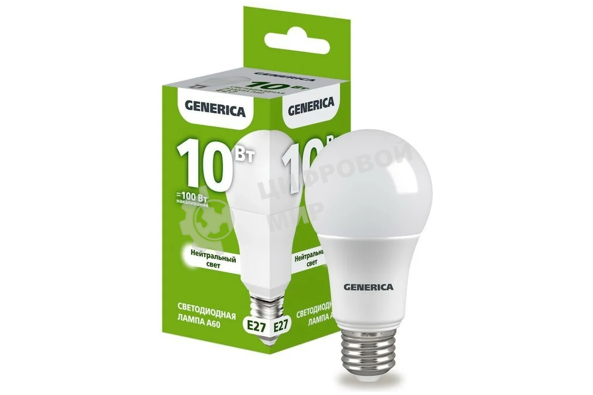 Лампа светодиодная GENERICA LL-A60-10-230-40-E27-G A60 10 Вт грушевидная 4000К E27 230В