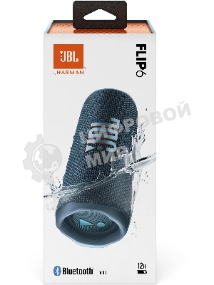 Портативная акустика JBL Flip 6 синий, Bluetooth 5.1, время воспроизведения 12 ч, емкость аккумулятора 4800 mAh, время заряда 2,5 ч, синий