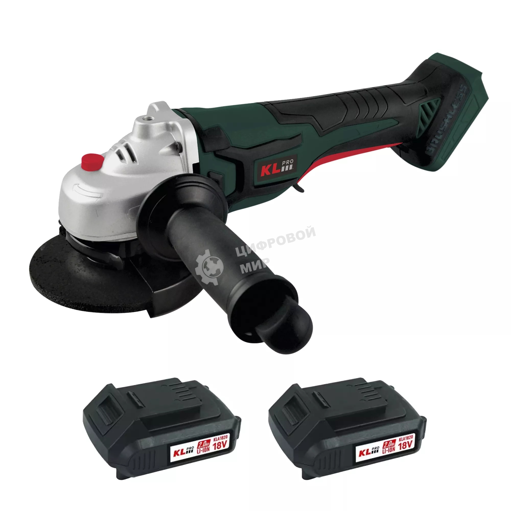 Угловая шлифовальная машина бесщеточная (болгарка) аккумуляторная KLPRO KLAT18B-20 (18В, Li-ion-2шт, 2.0Ач, 115мм, М14, 8500 об/мин З/У,сумка)