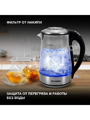 Чайник электрический Hyundai HYK-G8406 1.7 л, 2200 Вт, прозрачный/черный (корпус: нержавеющая сталь)