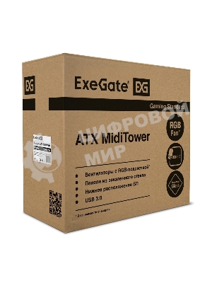 Компьютерный корпус Miditower ExeGate EVO-8225-NPX600 (ATX, БП 600NPX с вент. 12см, 2хUSB+1хUSB 3.0, черный, 2 вент. с RGb подсветкой и полоса на передней панели, боковая панель - закаленное стекло)
