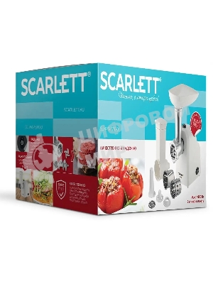 Мясорубка электрическая Scarlett SC-MG45M20 белый, 1800 Вт, 2.0 кг/мин, реверс, защита от перегрузки, насадки - 6