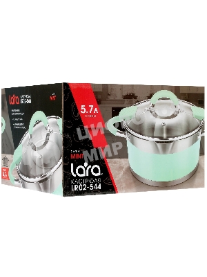 Кастрюля LARA LR02-544 MINT 24x13 см, 5,7 л, носик, индукционное дно, крышка с бортом, нержавеющая сталь