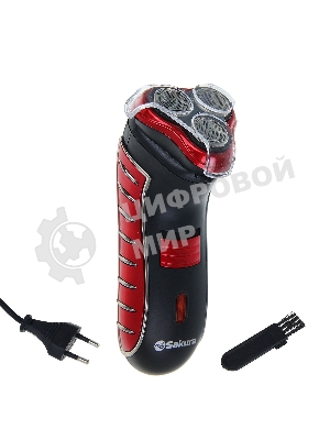 Электробритва Sakura SA-5414RB красно-черный(Бритва электрическая, сухое бритье, работа от аккумулятора. 3 бреющие головки. Индикатор заряда батарейки. Защитная крышка. Щеточка для очистки.)