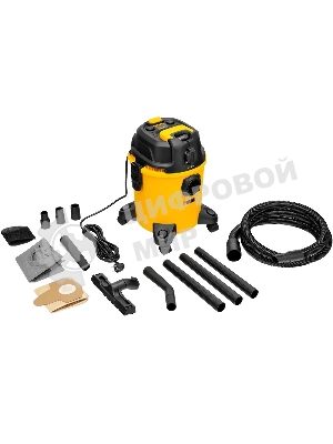 Строительный пылесос Denzel RVC20 желтый, 1400 Вт, уборка сухая/сбор воды/выдув, пылесборник мешок/контейнер, 20 л