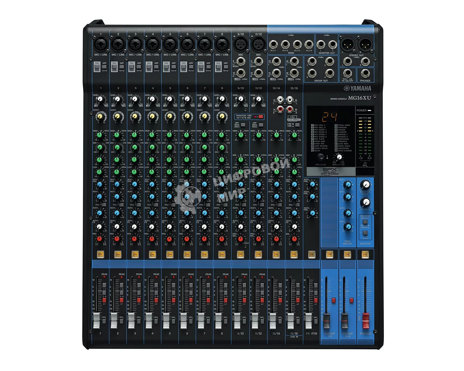 Пульт Yamaha [MG16XU] 16-канальный микшерный пульт: макс. 10 микрофонных/16 линейных входов (8 моно + 4 стерео)/4 групповые шины + 1 стереошина/4 шины AUX, Микрофонные предусилители D-PRE, Фантомное питание +48 В, эффекты: SPX с 24 программами, И