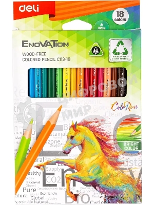 Карандаши цветные Deli EC113-18 Enovation, трехгранный профиль, пластик 18 цветов, коробка с европодвесом (18шт)