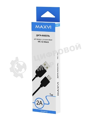 Кабель Maxvi MC-02 black USB-A - Type-C ток макс. нагрузки 2А, макс. напряжение 5V, длина кабеля 1м, материал PVC, черный